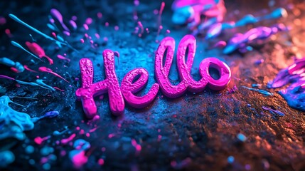 Pink "Hello" text in vibrant paint splash.