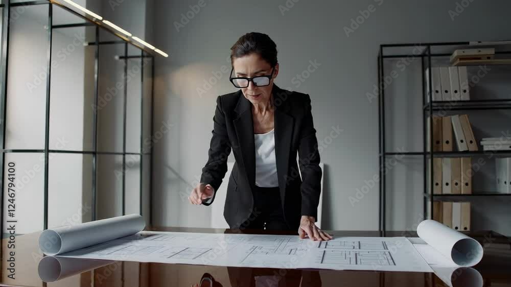 Poster professional architect meticulously reviews blueprints on a large table in her modern office, adjust