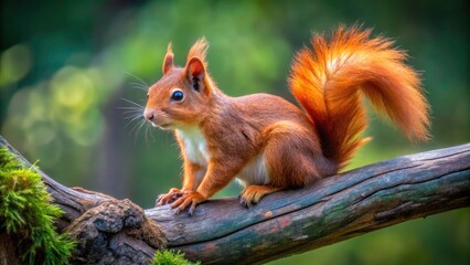 Obraz premium A charming Sciurus vulgaris, red squirrel, poses amidst the trees; delightful wildlife photography capturing nature's beauty.
