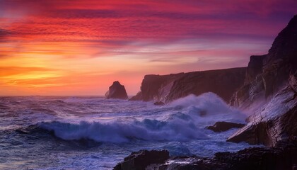 Fototapeta premium Majestic summer sunset over rugged coastline and crashing ocean waves