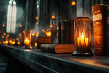 A gothic-style library filled with ancient books on logic, illuminated by flickering candlelight