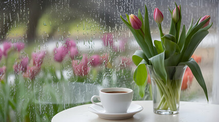 Spring rain is coming down through the window, and beyond the window, tulips in the garden are faintly visible. On the table are tulips in full bloom and a cup of coffee.