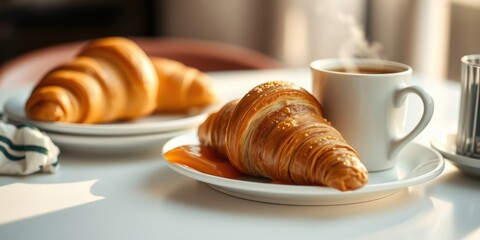 A delightful morning repast featuring freshly baked croissants and a steaming cup of coffee, perfect for a relaxing start to the day.