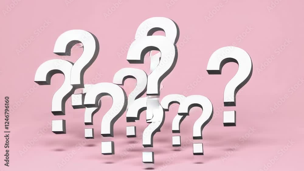 Poster White question marks floating against vivid pink background, representing uncertainty, curiosity, and complex mental process of seeking knowledge through questioning and exploration
