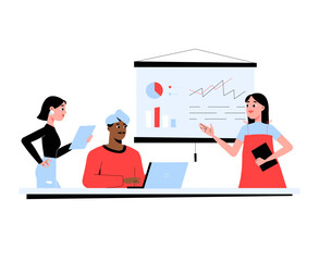 Business Team Analyzing Data In Flat Vector Illustration Symbolizing Strategy, Market Research, And Corporate Planning, Isolated On White Background