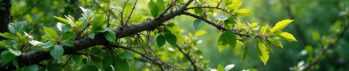 Overgrown white acacia branch tangled with weeds, foliage, weeds, overgrowth