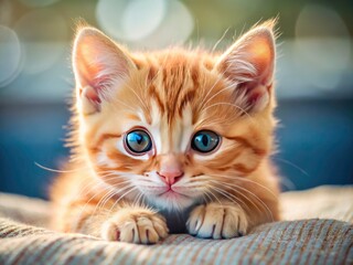 Adorable fluffy ginger kitten plays peek-a-boo, hiding shyly.