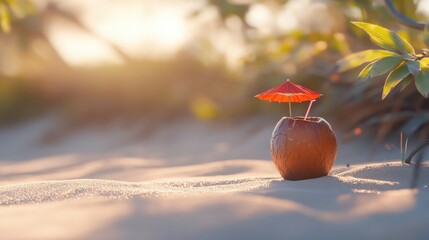 A coconut with a straw and umbrella resting on the sand, ready for a refreshing tropical drink under the sun.