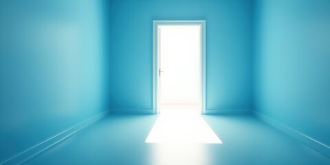 A bright light streams through an open door in a minimalist blue room, symbolizing new beginnings and potential opportunities.