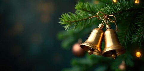 Golden Christmas bells suspended from a lush evergreen branch, festive atmosphere, Christmas decorations