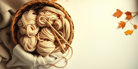 Cozy Autumn Knitting Basket with Yarn and Needles