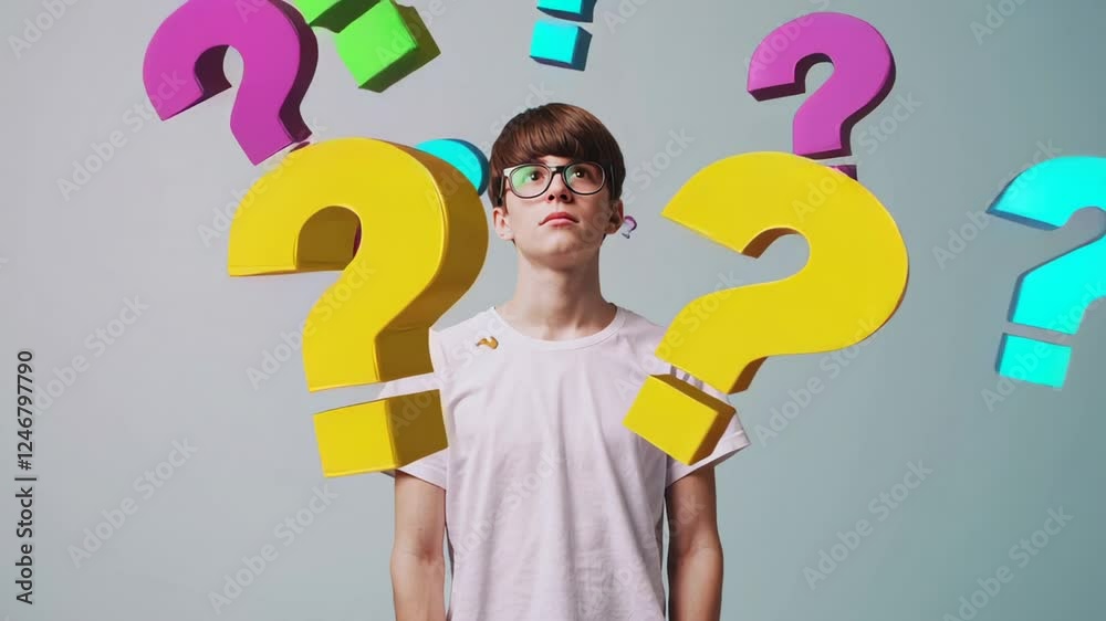 Poster young student wearing glasses contemplating colorful question marks floating around, symbolizing int