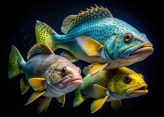 Fototapeta premium Spectacled sea bass and grouper, viewed from above, in captivating low-light underwater photography.