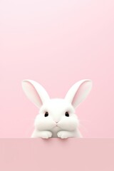 Obraz premium White bunny peeking over edge on pink background with copy space. Cute Easter rabbit decoration. Spring holiday symbol for greeting cards and baby shower invitation