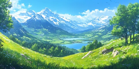 Anime Mountain Vista Lush Green Valley with a Lake and Snow-Capped Peaks Under a Bright Blue Sky in a Stylized Anime Landscape