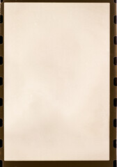 A blank vintage film negative frame with perforations on the sides, featuring a sepia-toned texture and slight scratches, resembling old analog photography materials.