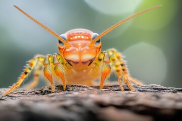 Fototapeta premium A brightly colored venomous centipede hiding under a piece of bark