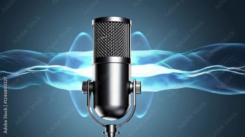Poster Sound waves dynamically flowing around classic microphone, visualizing audio recording process with vibrant waveform movement against dark backdrop representing professional sound design technology