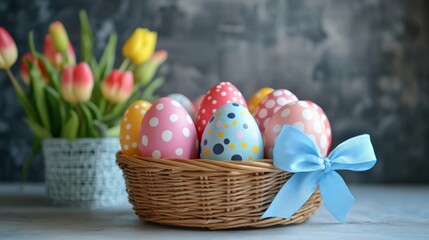 Fototapeta premium Easter eggs collection and wicker basket - decorated colorful eggs with polka dots, stripes and patterns. 