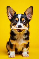 Small dog with paper bag in mouth on yellow background, jack russell, happy dog, dog breed