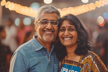 Naklejka premium Portrait of a cheerful indian couple in their 50s sporting a vintage band t-shirt while standing against lively concert crowd background