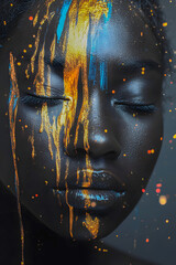 Woman's Face with Abstract Paint Drips in Vibrant Colors