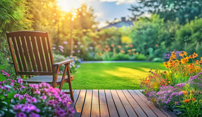 Beautiful garden with seating and lush flowers greenery, captured from the perspective of wood large patio area