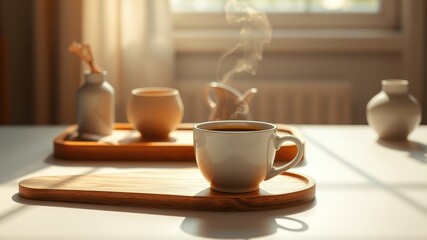 Fototapeta premium Morning sunlight warms a steaming cup of coffee on a minimalist wooden tray