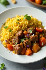 Soy meat and jollof rice served on a white plate, garnished with fresh herbs and edible flowers , fresh herbs, colorful garnishes, edible flowers