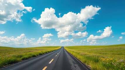 Naklejka premium Asphalt road cutting through a vibrant green meadow under a bright summer sky with fluffy white clouds