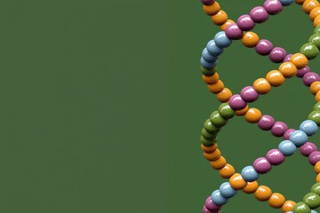 Minimalistic glowing DNA structure with evenly spaced dots and vibrant colors, floating against a dark green gradient background