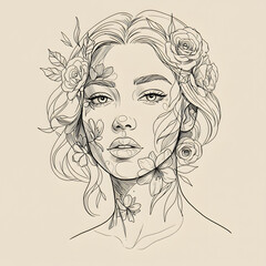 Fototapeta premium Elegant line art of a woman's face intertwined with floral elements on a muted beige background