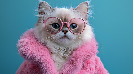 Stylish Cat Wearing Glasses and Pink Fur Coat Against Blue Background