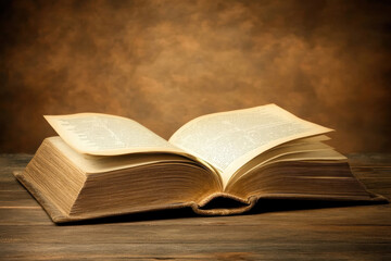 Open book on wooden table against a blurred warm background, highlighting text in pages and showcasing fine details of the printed words
