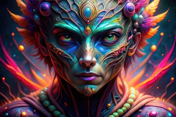 Alien portrait, close-range aerial shot, vibrant colours reveal extraterrestrial detail.