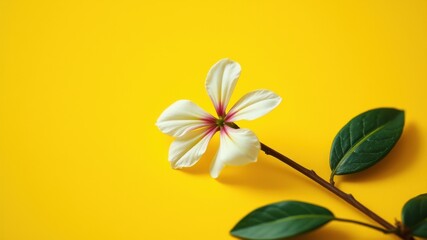 Fototapeta premium Single white flower with maroon center and vibrant green leaves on yellow background