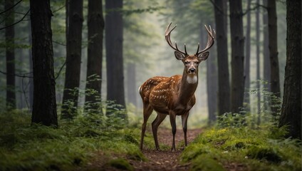 Obraz premium spotted deer standing on a forest path in close-up