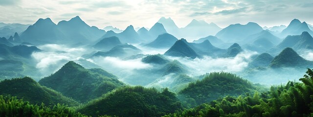 Naklejka premium Misty Mountain Ridges Jagged Mountain Ridges Partially Obscured by Low-Hanging Clouds and Mist A Dramatic and Atmospheric Aerial View of Nature's Majesty