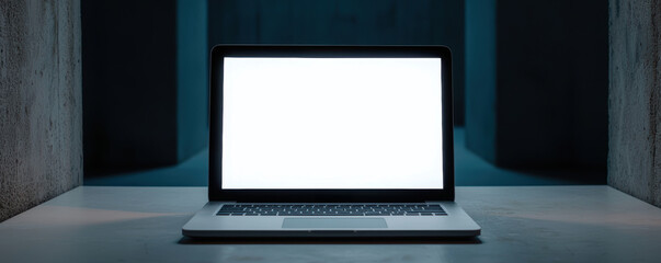 Fototapeta premium Modern laptop with a blank white screen on a sleek white desk, blurred gallery-style background, minimalist workspace concept