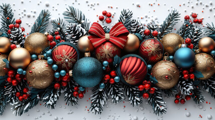 Festive ornaments, ribbons, and banners create joyful holiday atmosphere with vibrant colors and textures