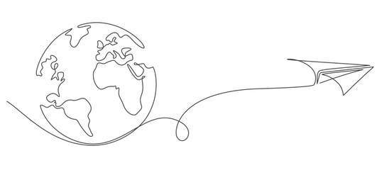 airplane flying around the world line art sryle vector illustration