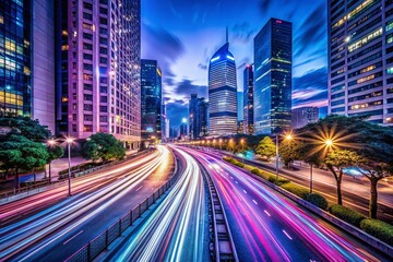 Fototapeta premium Long Exposure City Lightscape at Night - Urban Blurred Lights Trails