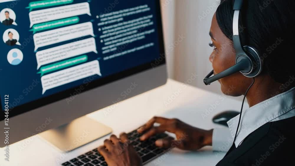 Poster Professional customer service representative efficiently types on a keyboard and engages with clients using ai powered software, enhancing their support experience