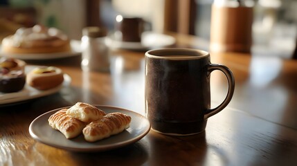 Coffee mug and croissants on wooden table with pastries background