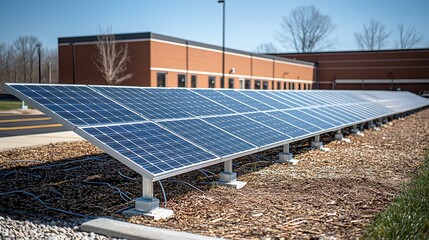Solar panels on ground mount system near building.