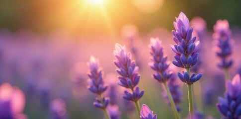 Obraz premium Soft petals of lavender flowers gently swaying in warm sunlight, sunlit, greenery, seamless