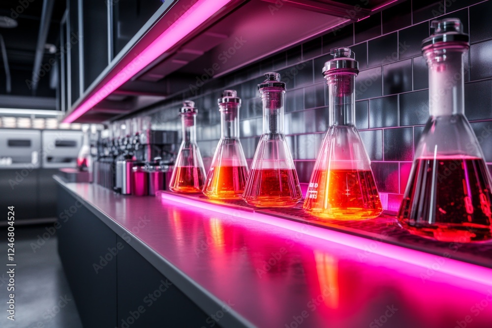 Poster A neon-lit cyberpunk chemistry lab where scientists experiment with glowing liquids in high-tech glassware