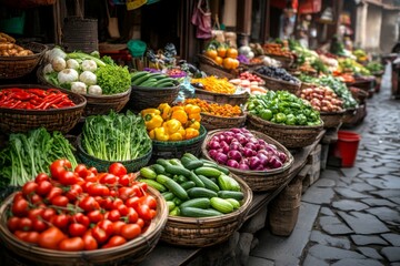 Obraz premium A organic vegetable market stand with fresh produce arranged beautifully