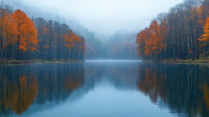 Misty autumn lake reflection, forest, calm