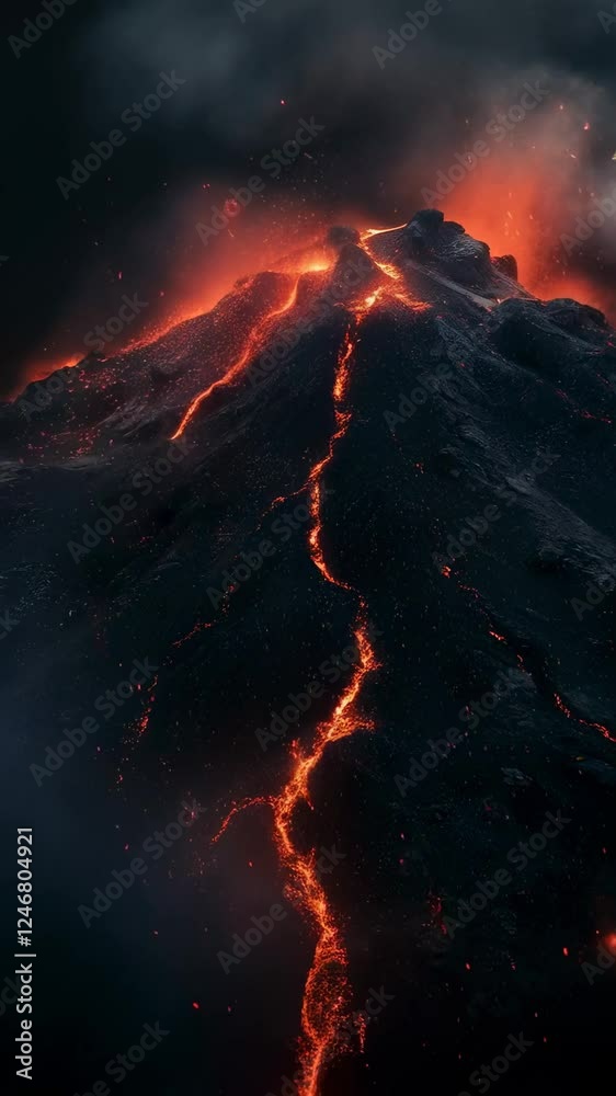 Poster glowing orange lava flows down the side of a dark volcano at night, illuminating the surrounding lan